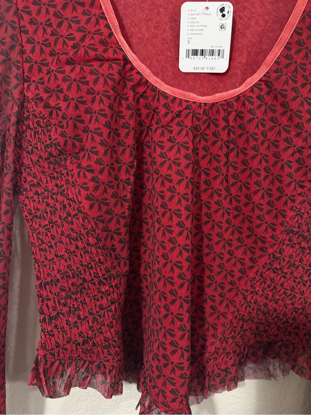 Free People Dottie Bow Print Sheer Sleeve Smocked Top Size Small
